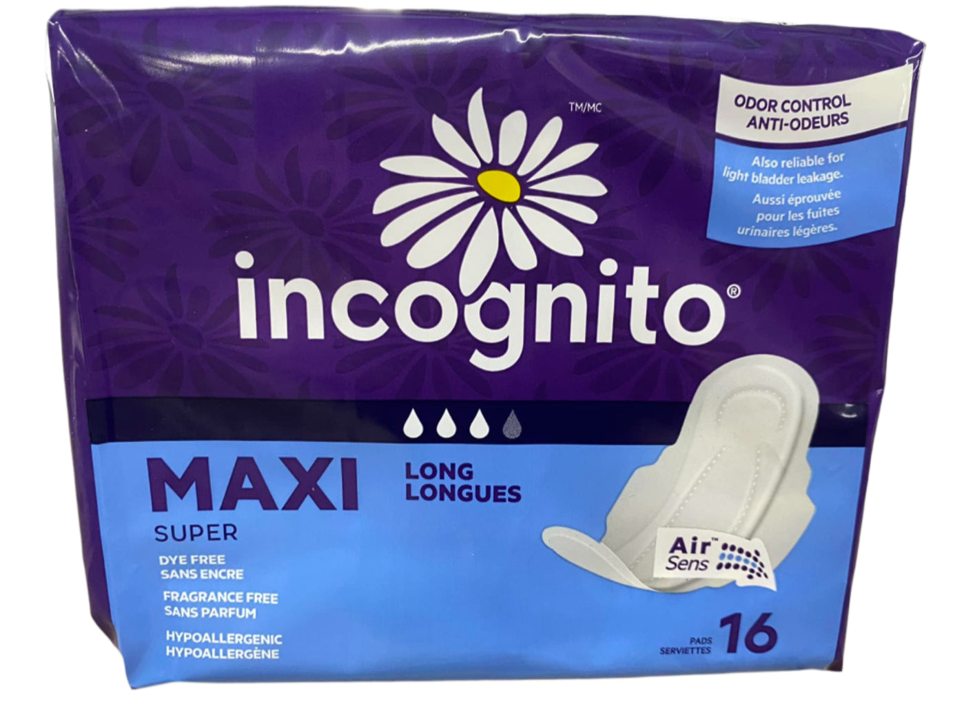 Incognito Maxi Long Odor Control Air Sens 16 Pads