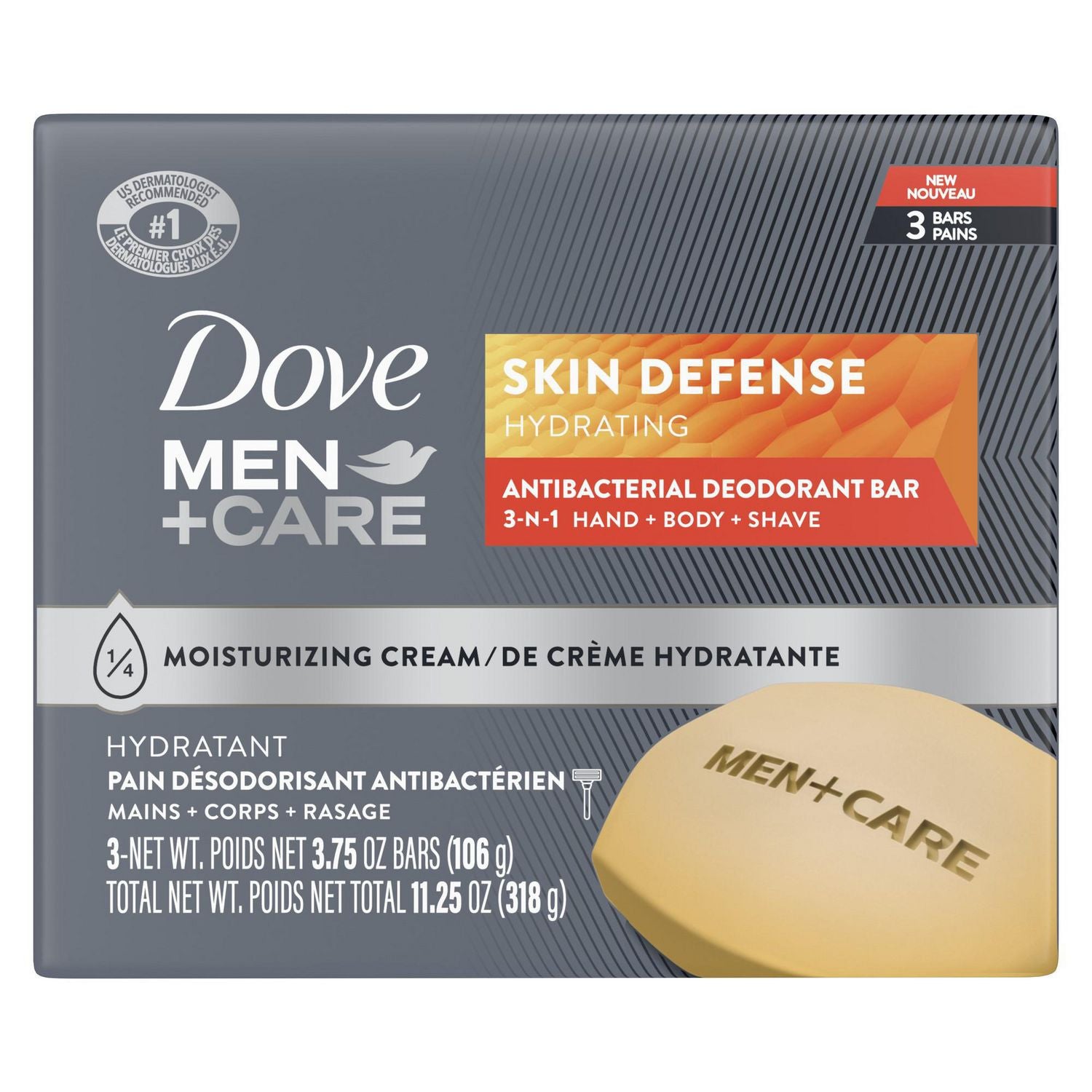 Dove Men Care Skin Defense Hydrating Antibacterial Deodorant Bar 3-In-1 Bars 3 x 106g