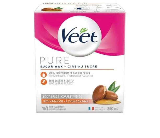 Veet Pure Sugar Wax Body & Face with Argan Oil 12 Re-Usable Strips 250ml