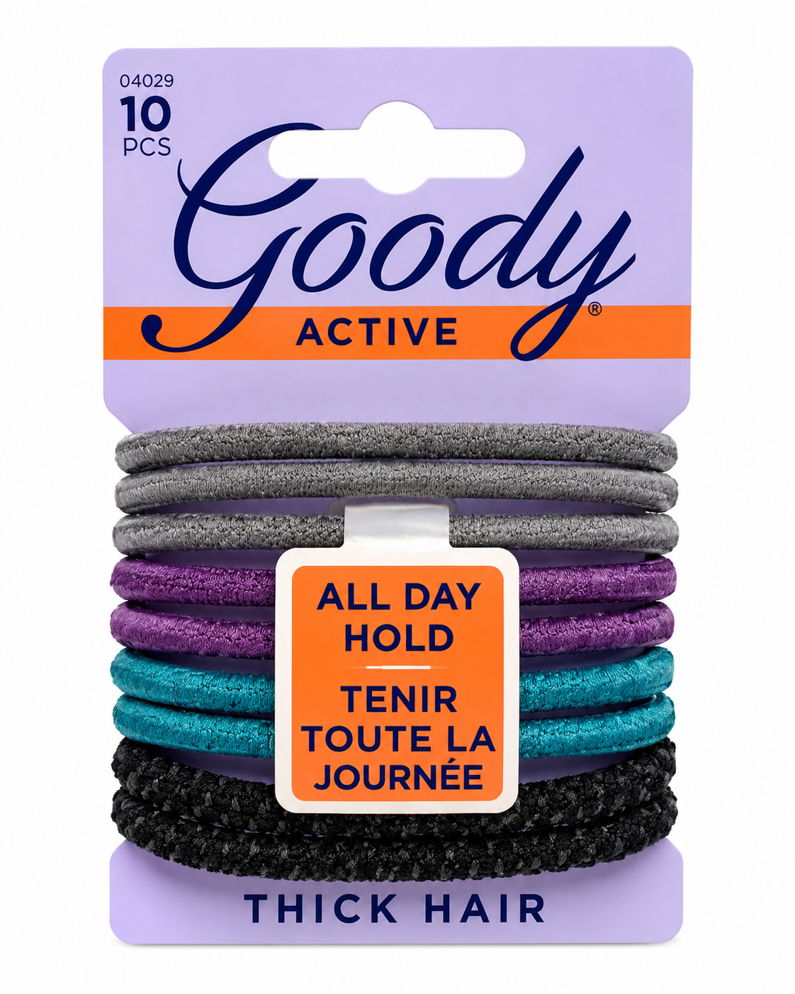 Goody Active Hair Ties for Thick Hair in Grey, Purple, Aqua, and Black 10pcs- 04029