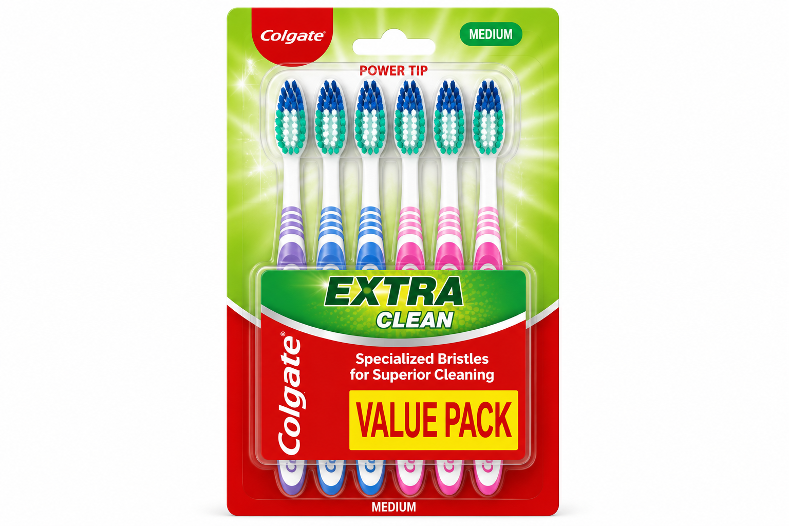 Colgate Power Tip Extra Clean Toothbrush Value Pack  6pcs - Medium Bristles