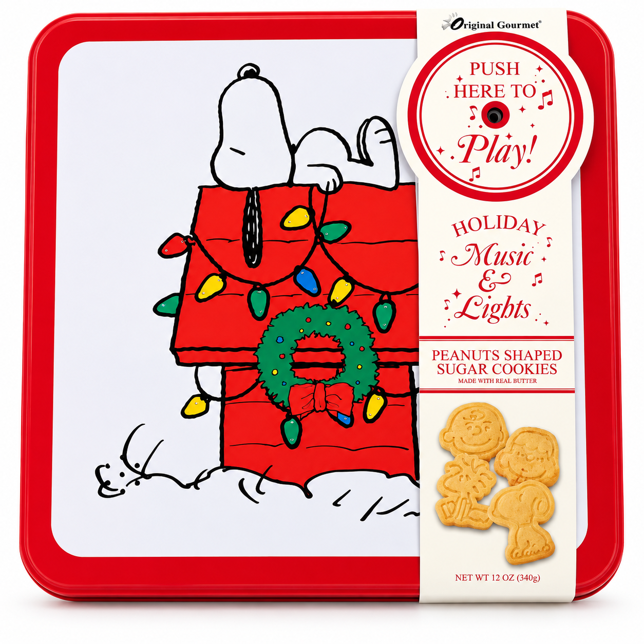 Original Gourmet Peanuts Shaped Sugar Cookies Holiday Music & Lights Tin 340g (Snoopy)
