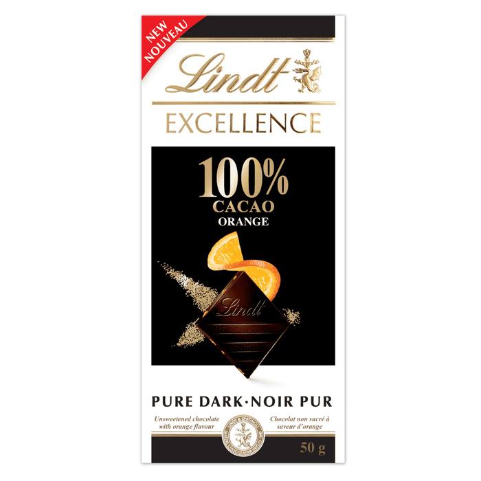 Lindt Excellence 100% Cacao Orange Pure Dark Chocolate Bar 50g
