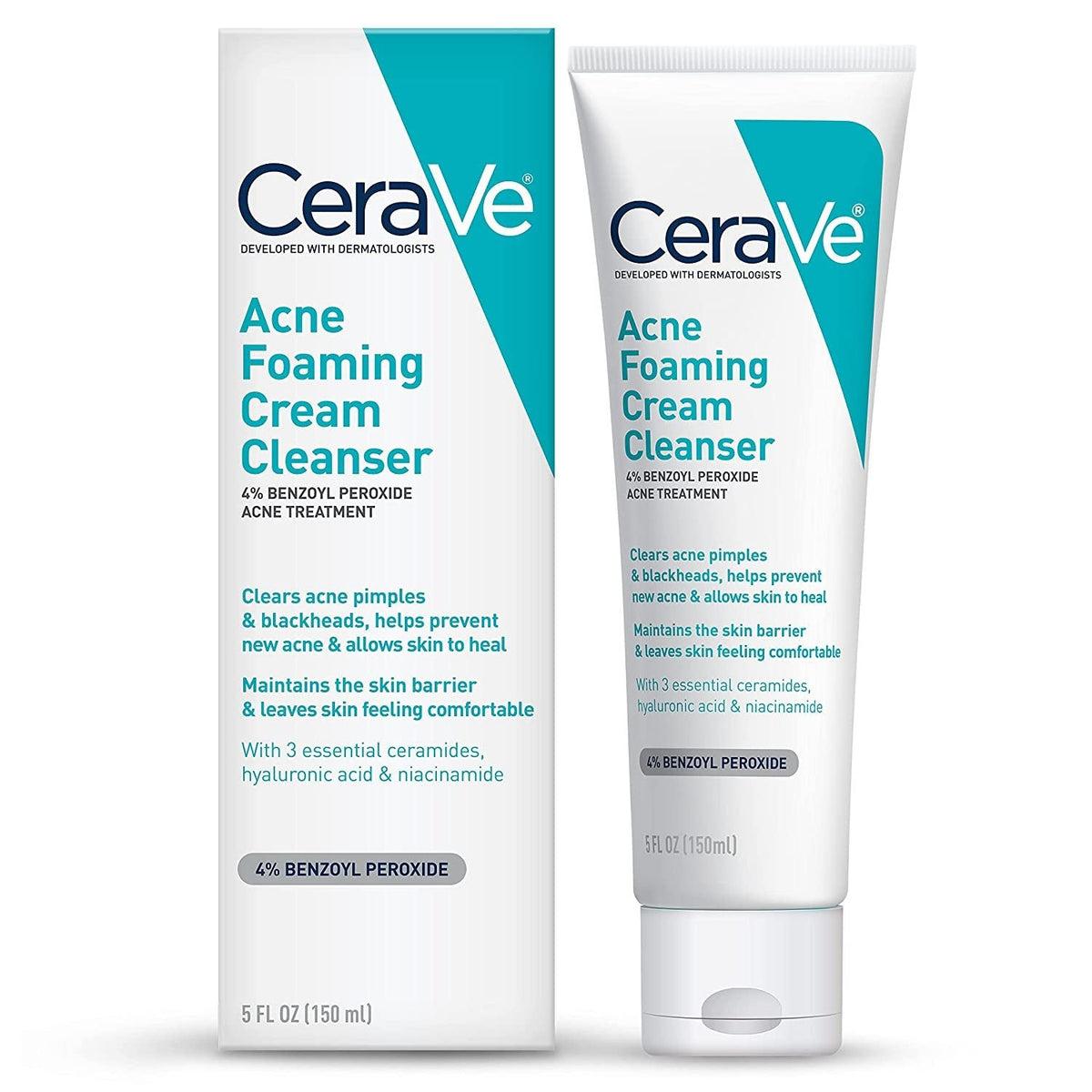 CeraVe Acne Foaming Cream Cleanser with 4% Benzoyl Peroxide – 150ml (5oz)