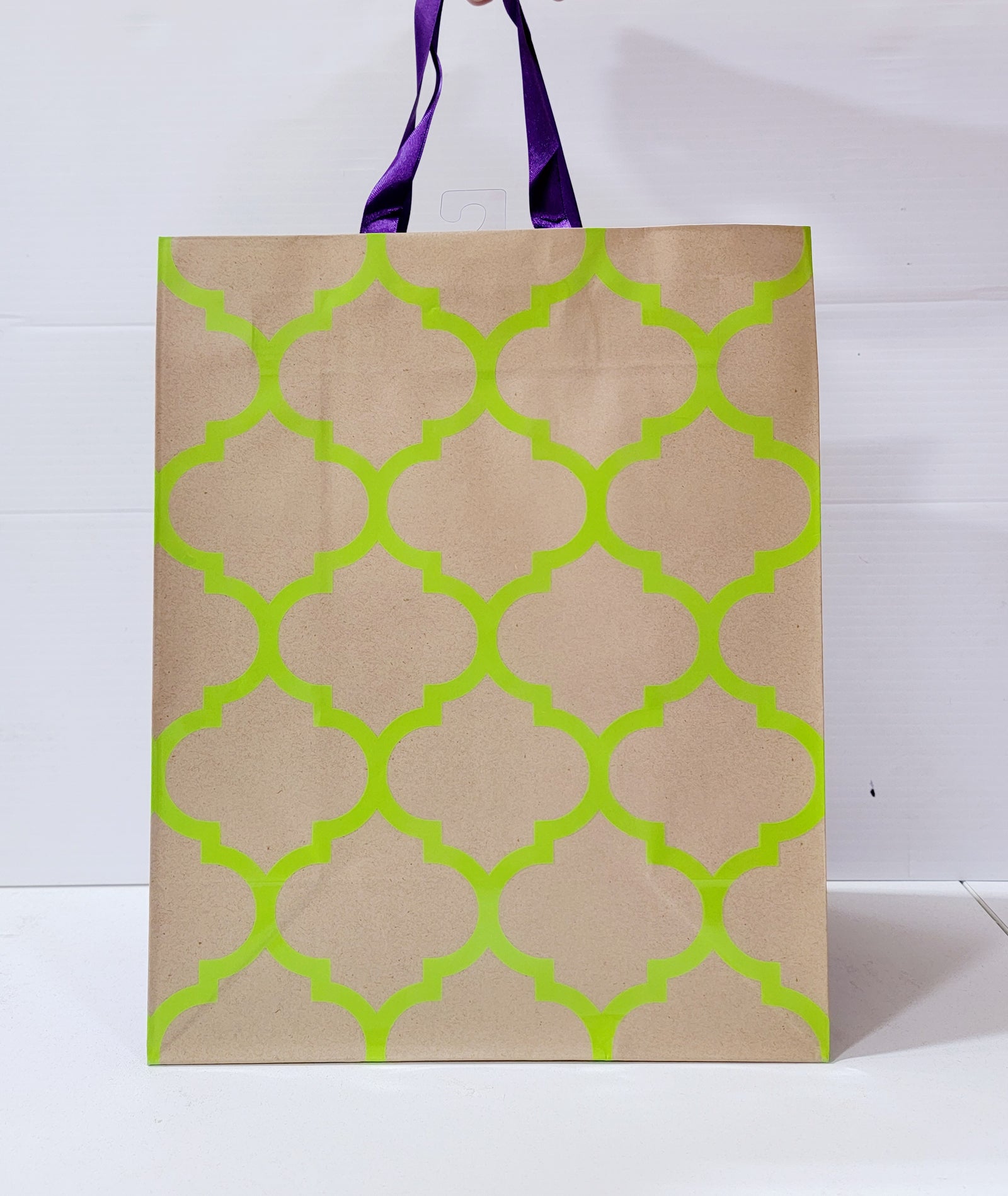 Quatrefoil Large Square Gift Bag by Rosedale (Green Print and Purple Handle)