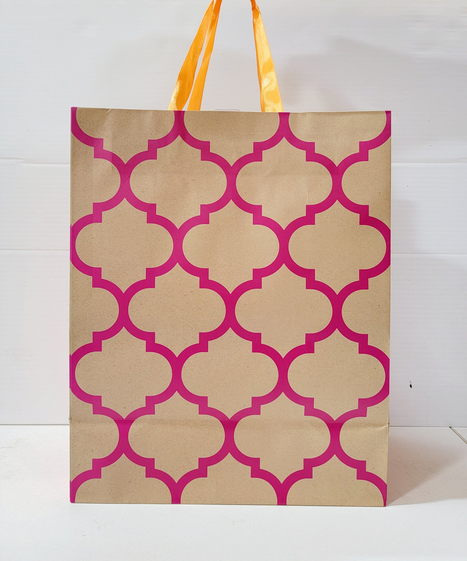 Quatrefoil Large Square Gift Bag by Rosedale (Pink Print and Orange Handle)