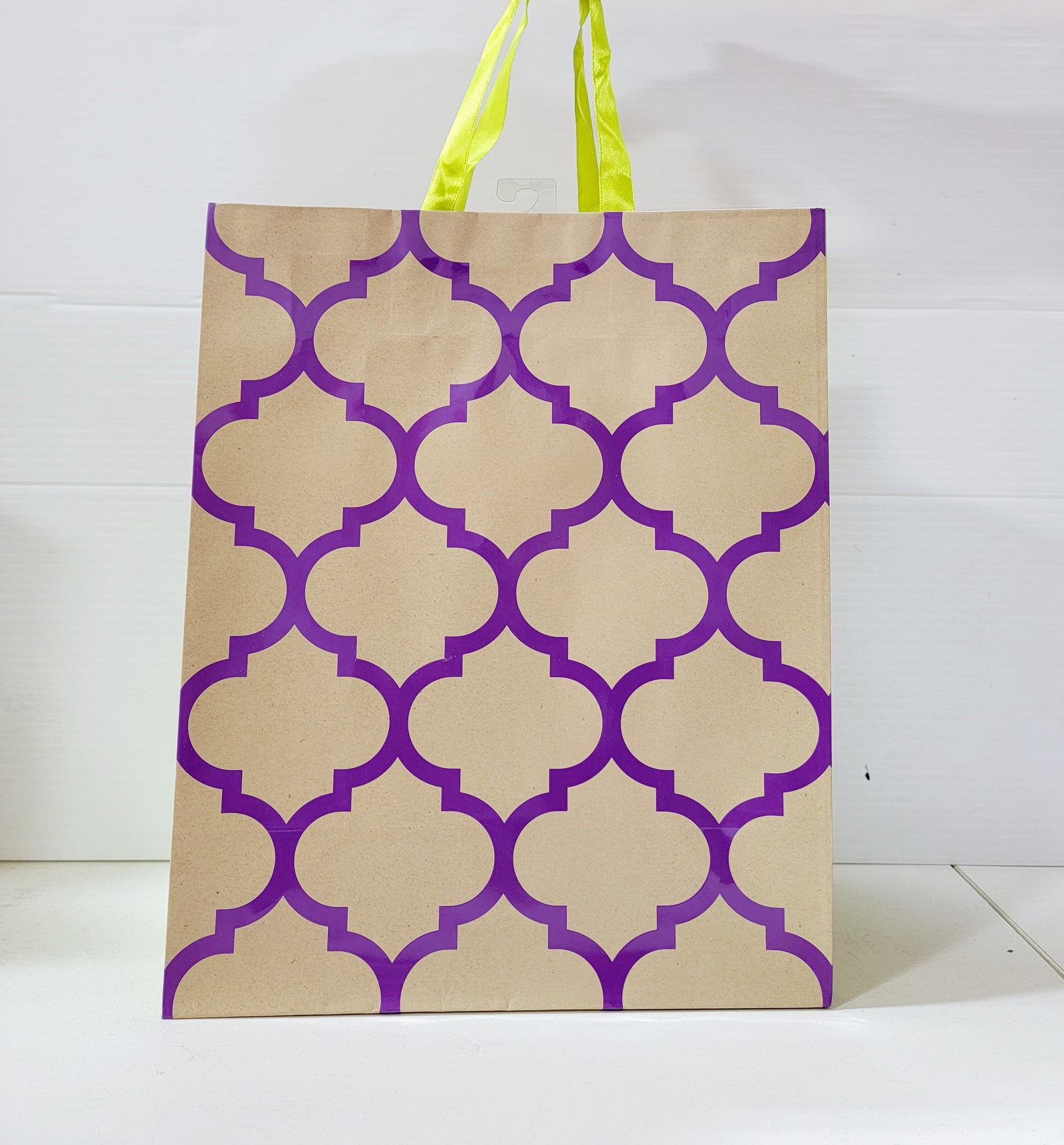 Quatrefoil Large Square Gift Bag by Rosedale (Purple Print and Green Handle)