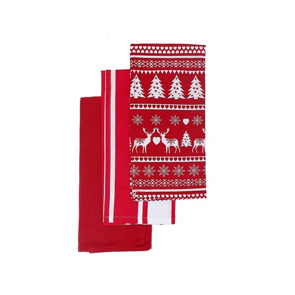 Linencorp Tea Towels Red Reindeer Print Set of 3 (Red/White)