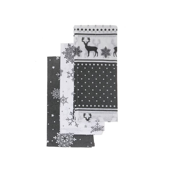 Linencorp Tea Towels Grey Reindeer Print Set of 3 (Grey/White)