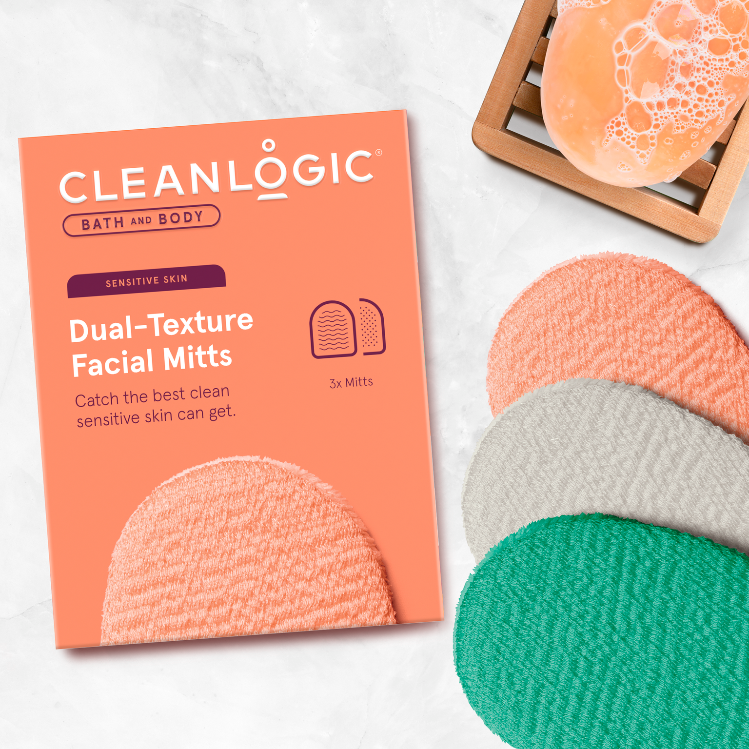 Cleanlogic Dual-Texture Facial Mitts for Sensitive Skin