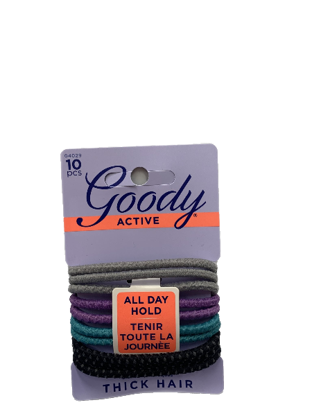 Goody Active Hair Ties for Thick Hair in Grey, Purple, Aqua, and Black 10pcs- 04029